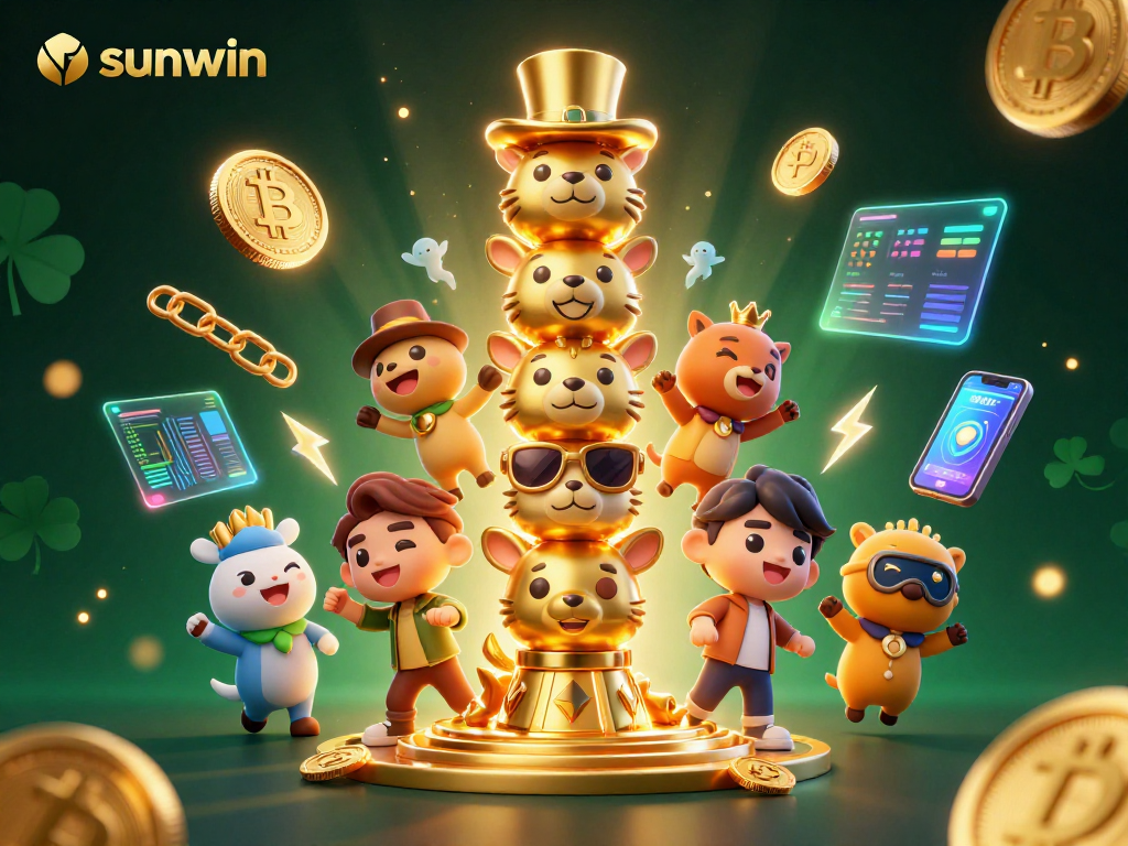 Experience slots excitement with sunwin in a vibrant crypto-themed casino scene