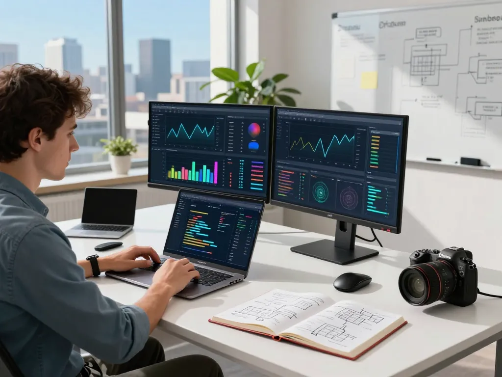 Professional workspace for automation consulting featuring zapier dashboards and collaboration tools in a bright office setting.