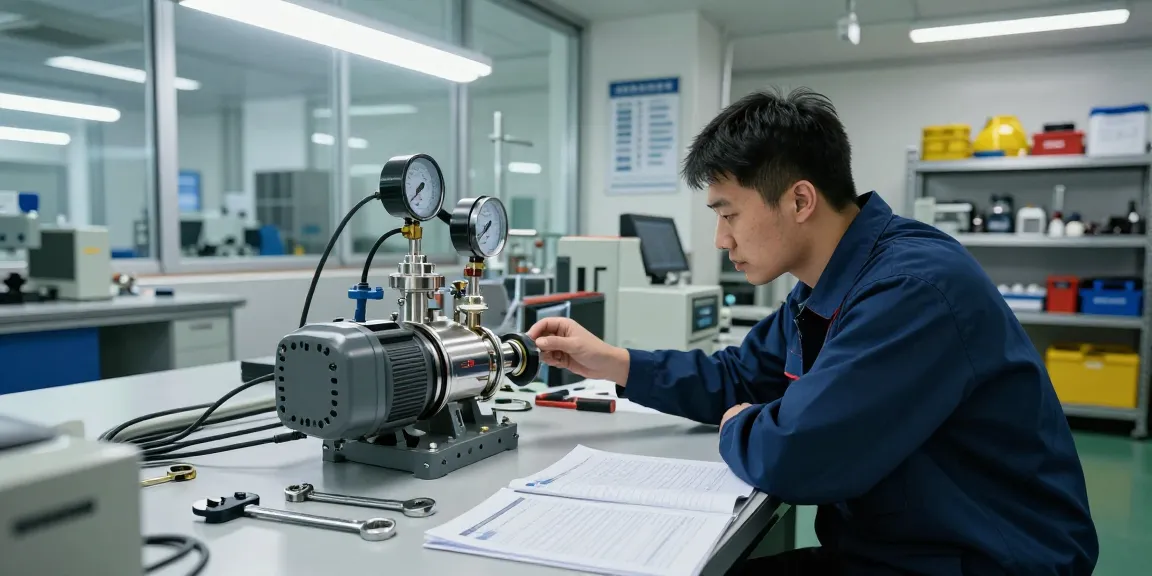 Technician analyzing a chemical metering pump in an industrial workshop, highlighting precision and reliability.