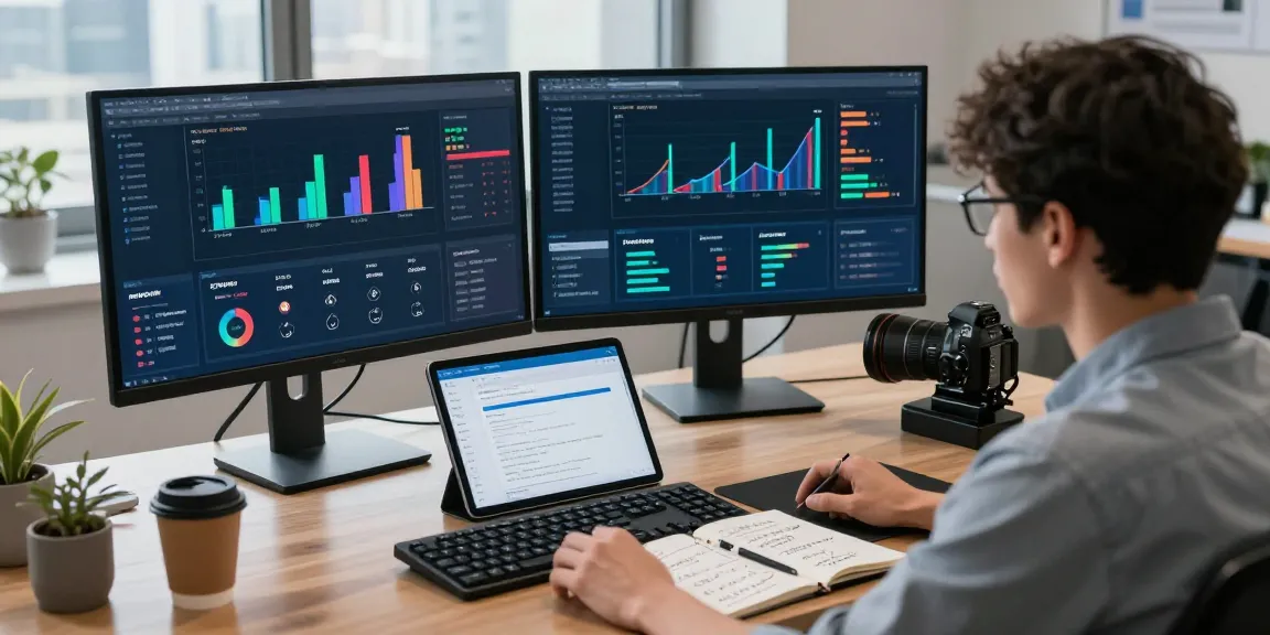 Analyzing resi proxies data in a modern digital workspace with multiple monitors and tech tools.