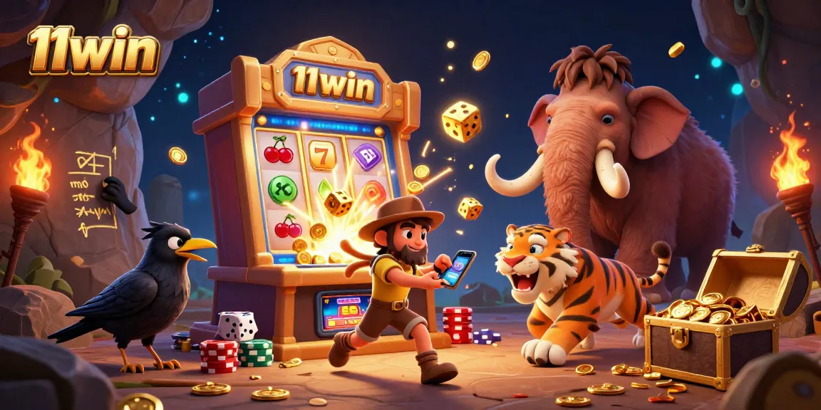 Experience thrilling wins at 11win with a vibrant prehistoric casino illustration showing fun game elements.