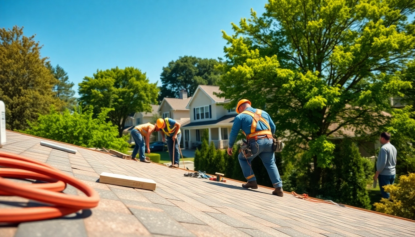 Workers installing roofing in South Jersey, showcasing teamwork and craftsmanship on a sunny day.