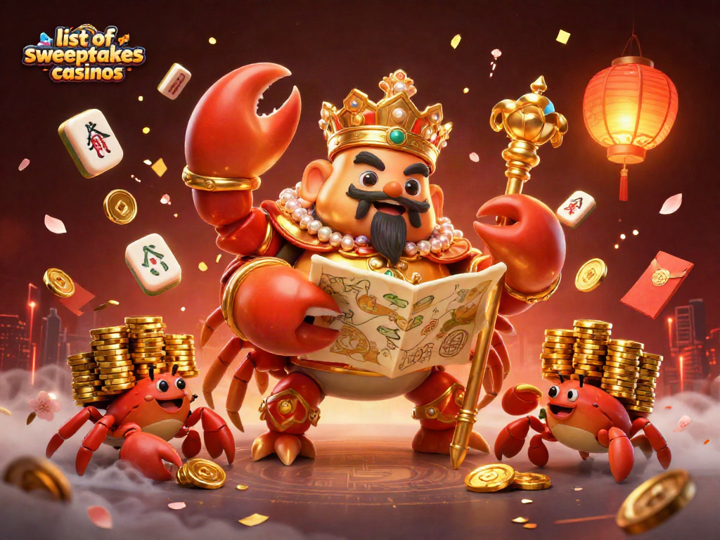 Engage with the exciting list of sweepstakes casinos featuring a golden crab emperor and vivid casino elements.