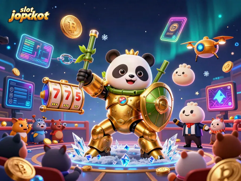 Mengalami sensasi slot jackpot dengan panda emas yang berkendara robot bertema bambu di arena kasino yang meriah.