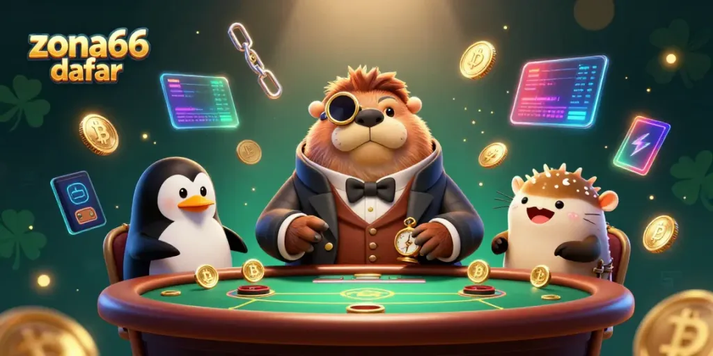 Gambarkan zona66 daftar dengan walrus ceria bermain poker di bawah laut, dikelilingi simbol kripto.