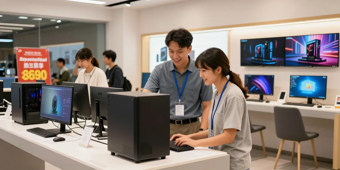 Customer exploring refurbished PC options in a modern tech retail store.