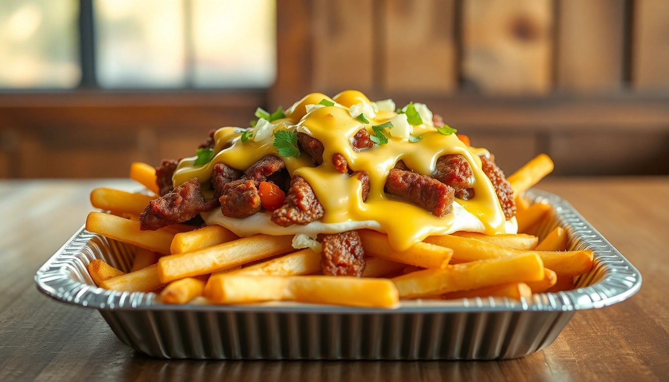 Kapsalon dish layered with shawarma, fries, and cheese in a takeout tray.