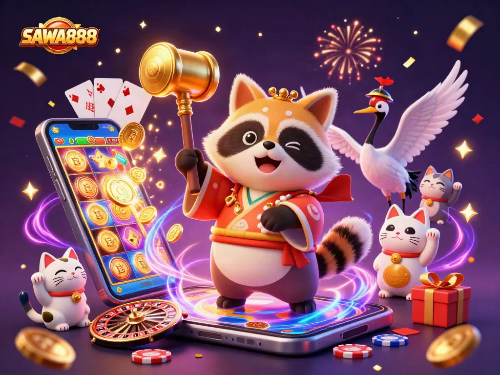Spin the reels at SAWA888 with cheerful tanuki, lucky symbols, and festive gaming elements.