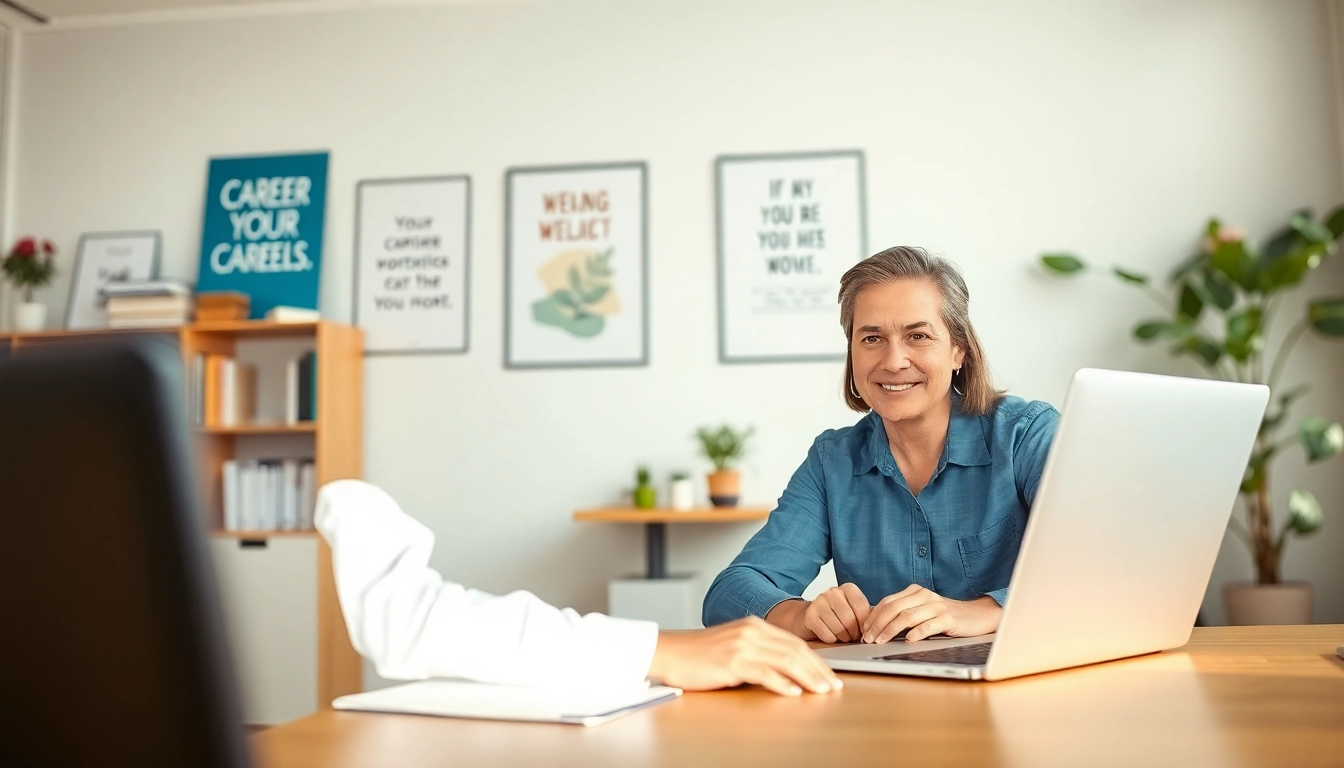 Career consultant engaging with a client in a modern office setting, showcasing professional guidance.
