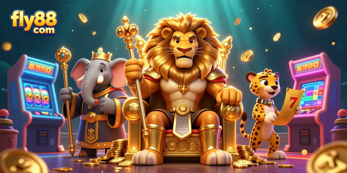Experience thrilling gaming at fly88 com with the king of the jungle in a dazzling casino scene.