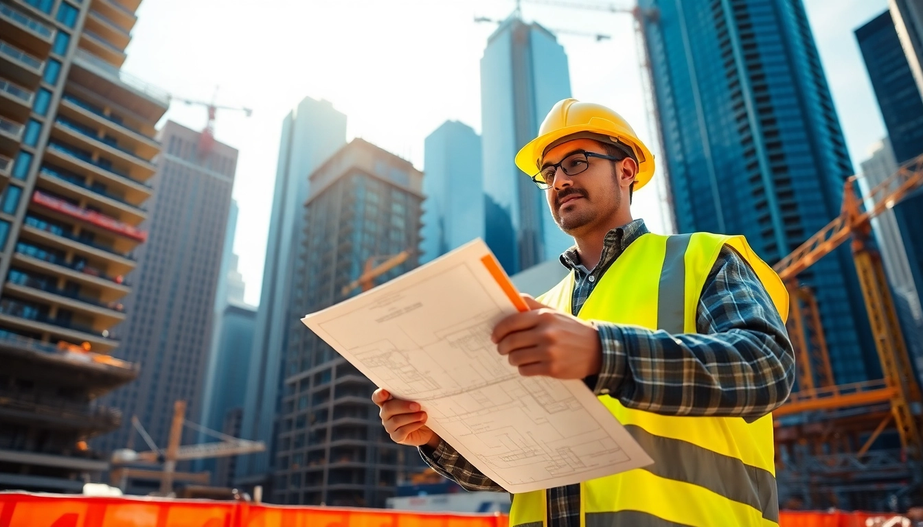 New York Construction Manager overseeing a lively construction site in the city.