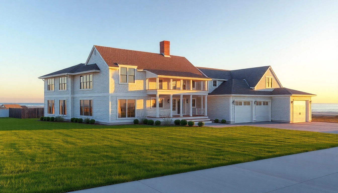 Cape Cod homes featuring an elegant garage expansion under warm sunset lighting.
