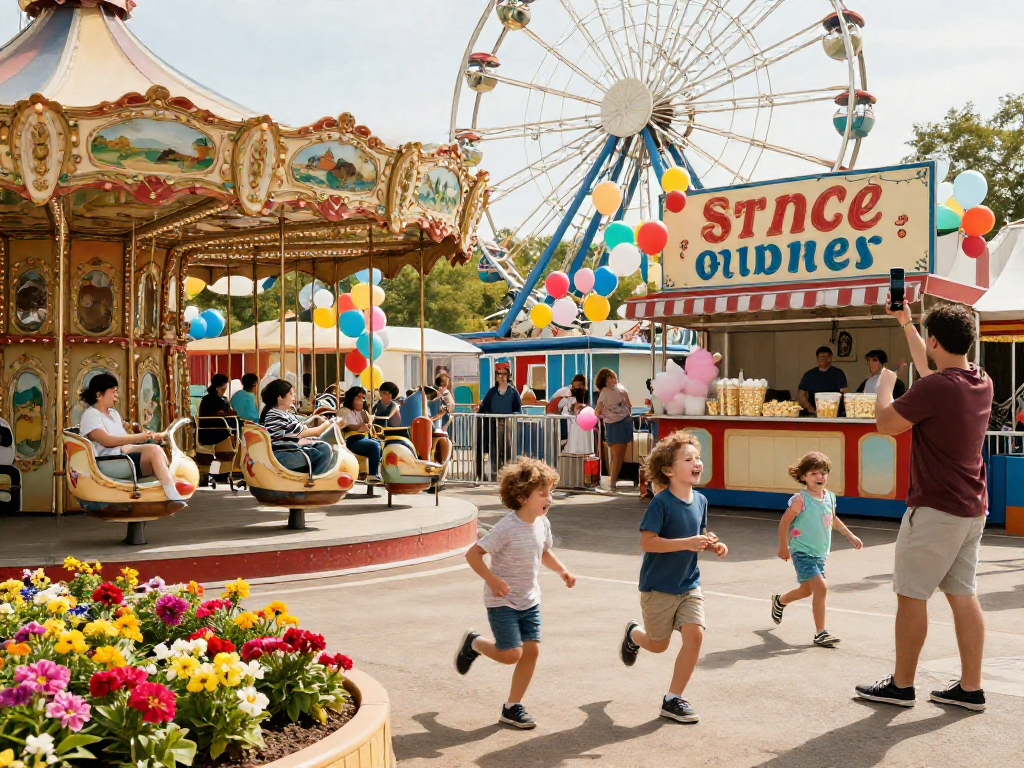 Families enjoying rides and attractions at https://sharkysvintagepark.com, capturing joyful moments in a retro-themed amusement park.