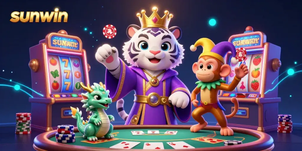 Experience the excitement of Sunwin gaming with vibrant characters and slots in a dazzling scene.