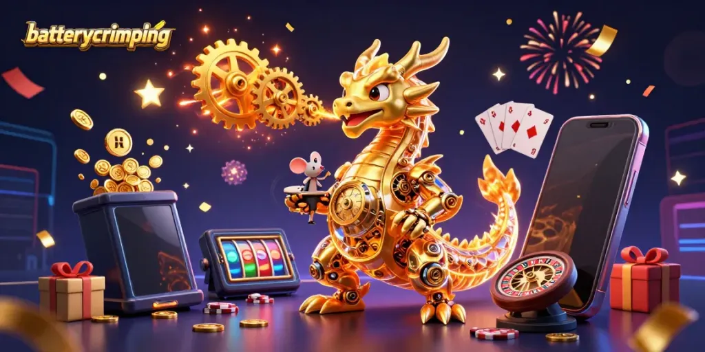 Experience batterycrimping with a dynamic scene showcasing a golden dragon, casino elements, and vibrant energy.