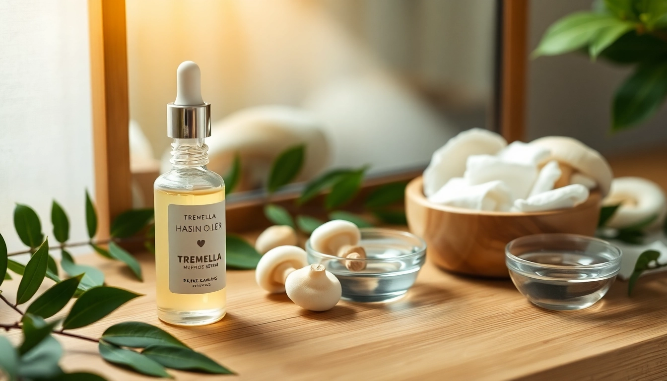 Tremella mushroom serum displayed elegantly with natural elements, embodying hydration and skincare.