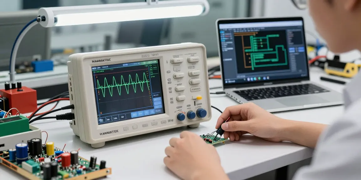 Analyzing signal waveforms with HANMATEK hand held scopes on an electronics workbench.