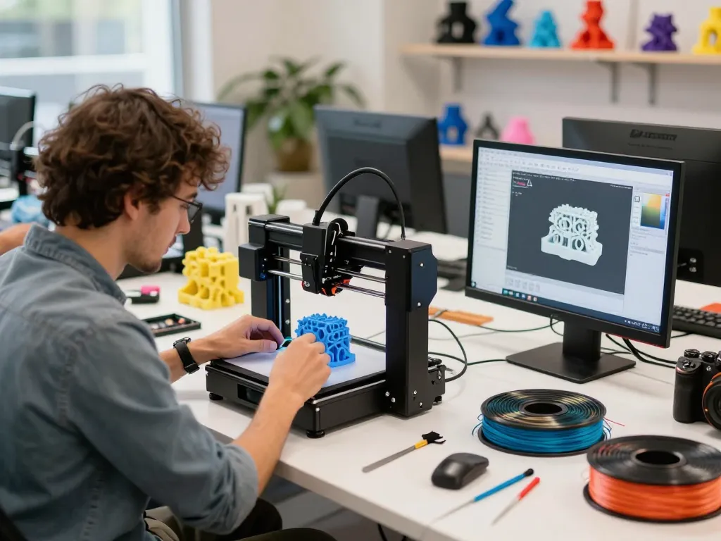 3D printing workshop with designer crafting intricate models and colorful filaments, showcasing innovation.