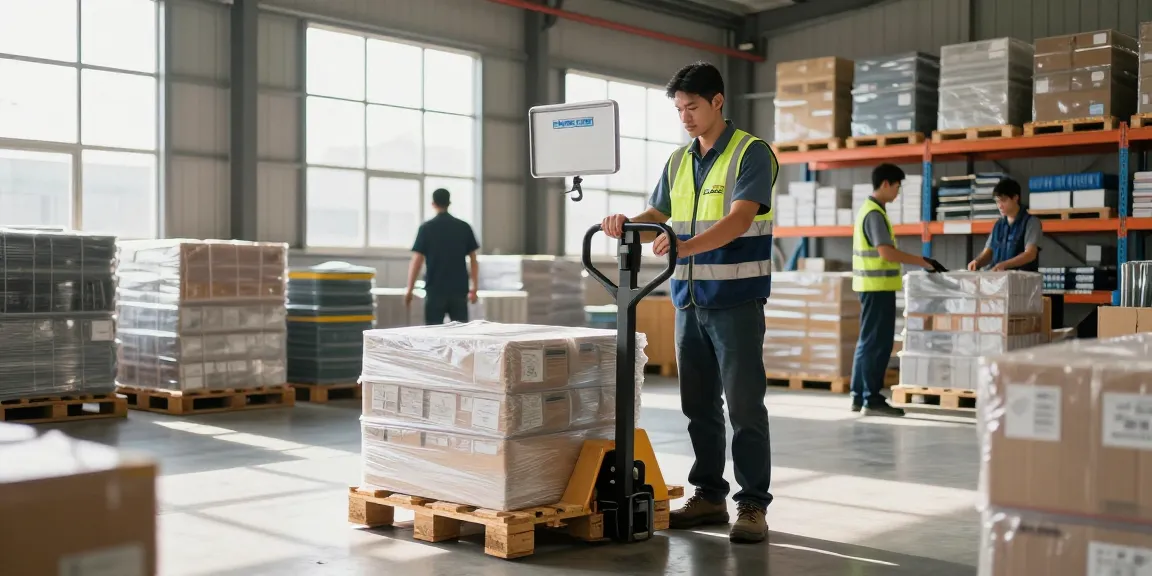 Operator using a manual pallet truck with scale in a modern warehouse setting for efficient inventory management.