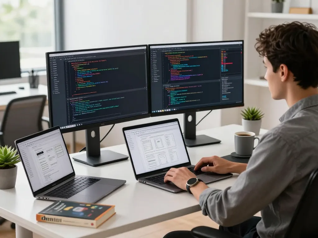 Developer coding on rm1.to in a modern office setting with dual monitors and warm lighting.