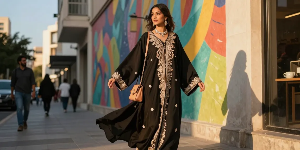 Elegant woman in embroidered abaya twirls in urban setting, showcasing modern fashion.