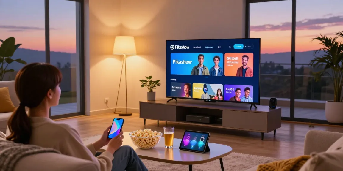 Pikashow app displayed on smart TV, showcasing an engaging movie night setup.