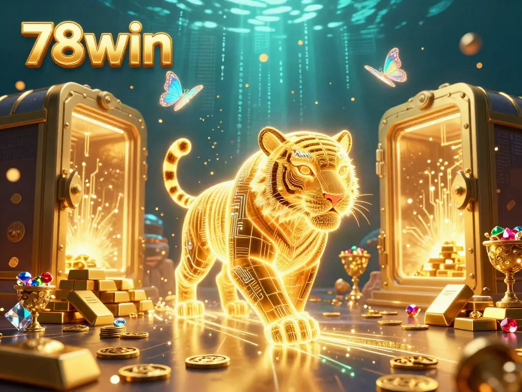 Experience the vibrant world of 78win with a neon-wireframe tiger amidst treasures in a casino landscape.