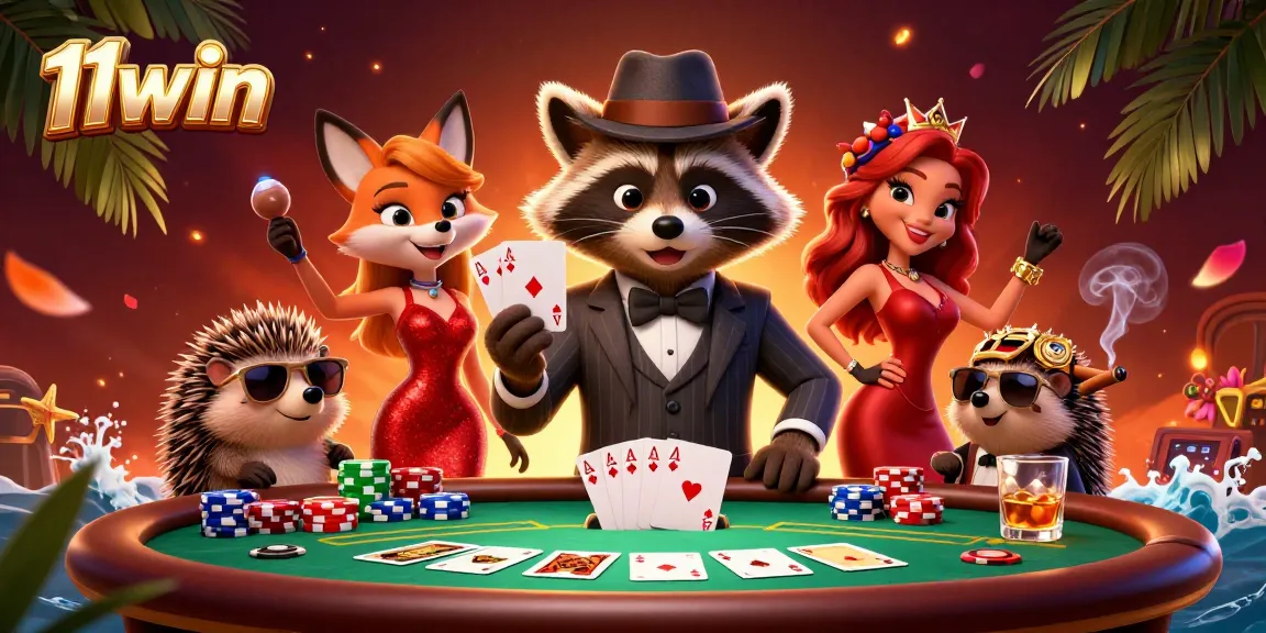 Experience the excitement of poker at 11win with raccoon, fox, and hedgehog friends.