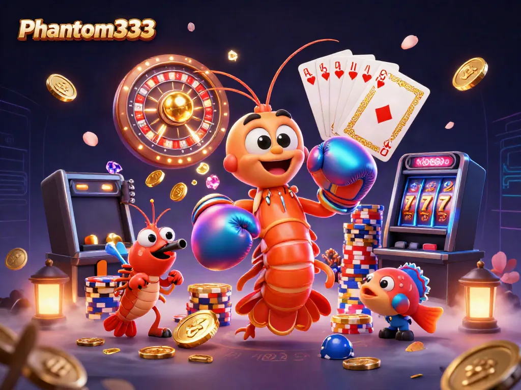 Engage in gaming excitement with Phantom333 featuring vibrant 3D characters and casino elements.