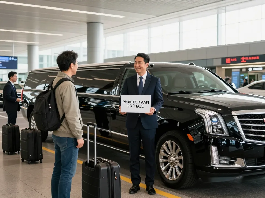 O’Hare airport limo service welcoming passengers with luxury Cadillac Escalade at airport terminal.