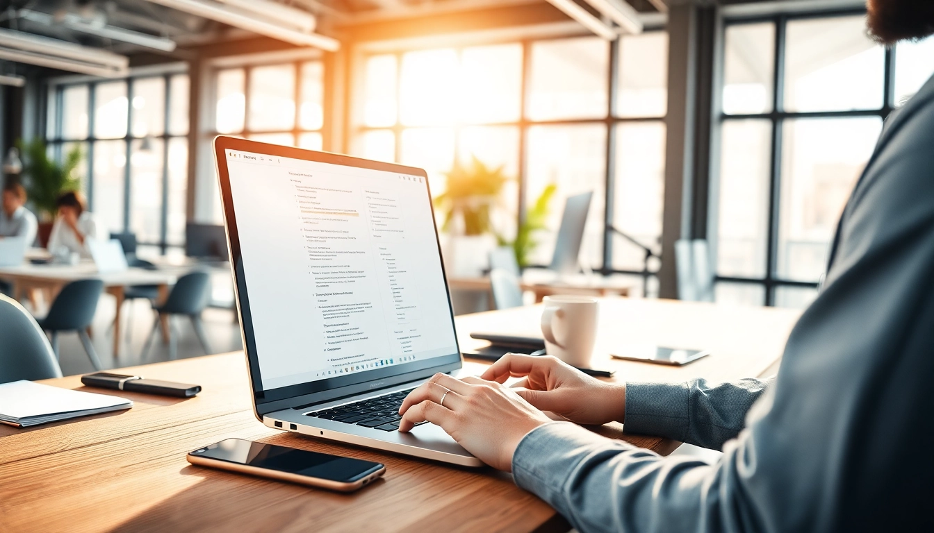 Typing Center featuring a professional typist focused on work in a bright office setting.