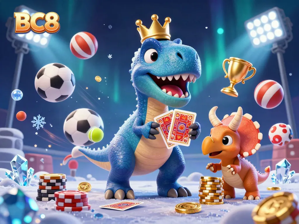 Play thrilling casino games at BC8 with an artistic scene of a T-Rex shuffling cards, excitement in the air.
