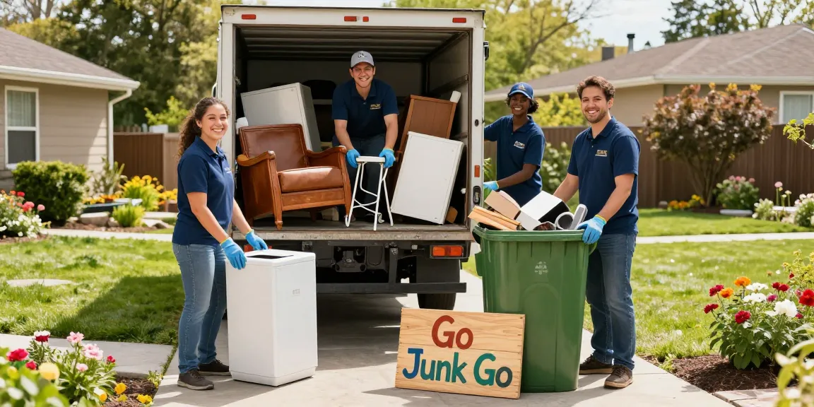 Efficient team providing junk removal Vancouver services, clearing various household items for a tidy garden.
