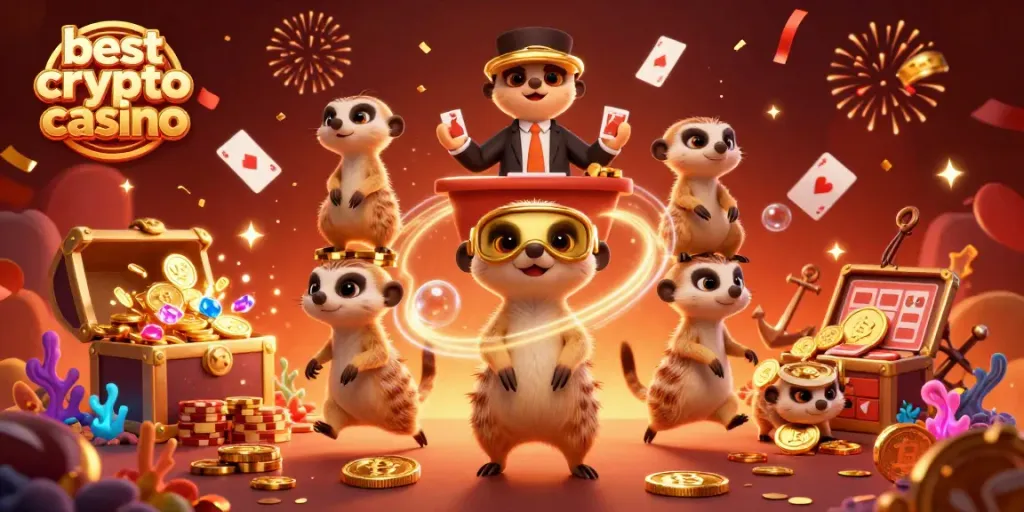 Experience the best crypto casino with meerkats managing their gaming operations, surrounded by vibrant blockchain elements.