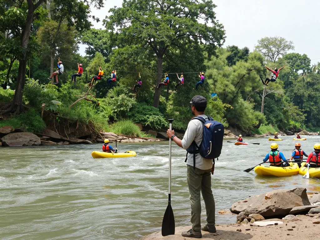 Dandeli adventure scene featuring travelers preparing for river rafting on Kali River amidst lush greenery.