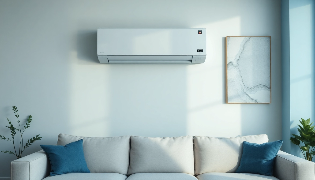 Installing a Mitsubishi mini split AC in a stylish living area, demonstrating sleek design and efficiency.