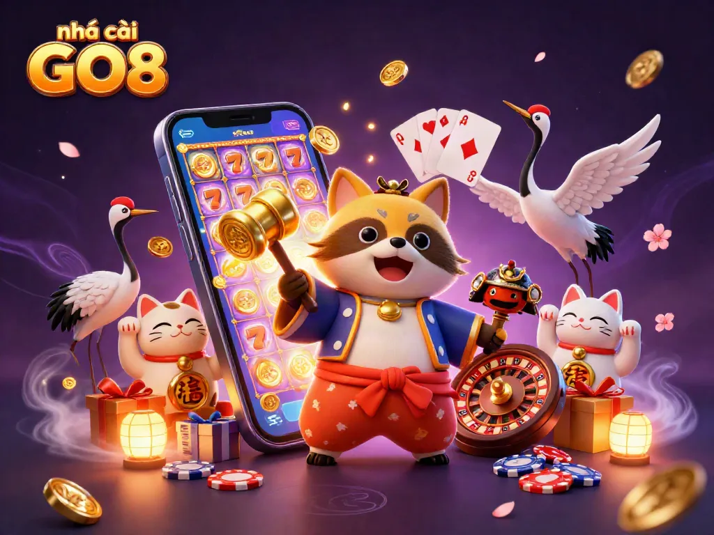 Witness the joyful scene of nhà cái GO8 featuring a cheerful tanuki and fortune cats celebrating with vibrant casino elements.