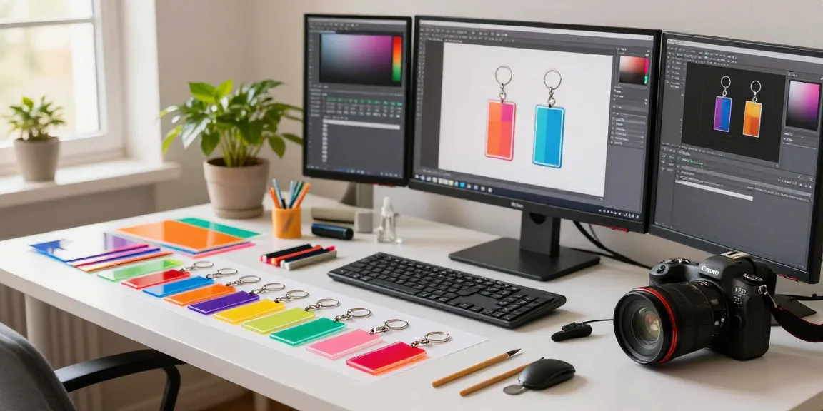 Colorful acrylic keychain designs being customized in a bright workspace.
