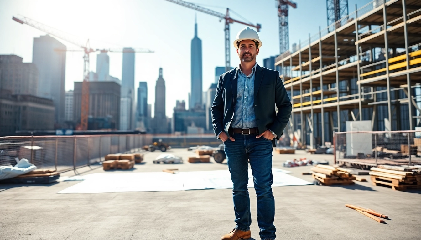 New York City Commercial General Contractor managing a bustling construction site with blueprints and skyline.