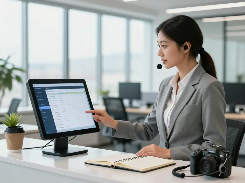 Automated phone system in a professional office, showcasing an efficient receptionist handling calls and scheduling.