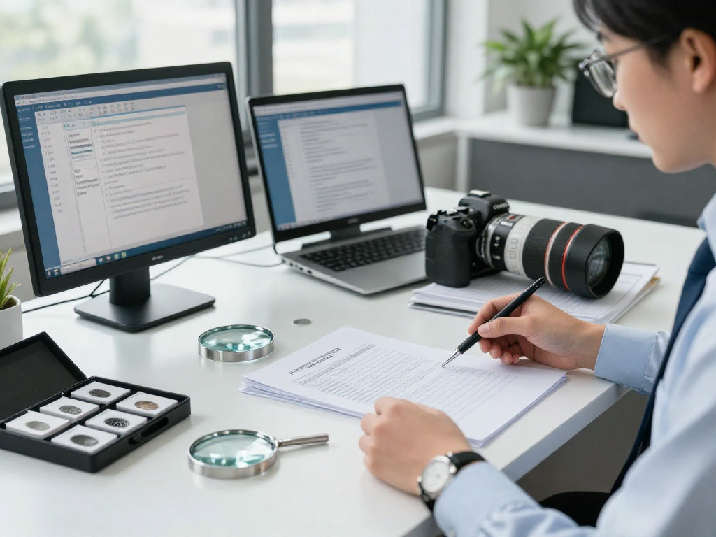 Document fraud detection tools in use by a professional investigator analyzing forged documents.