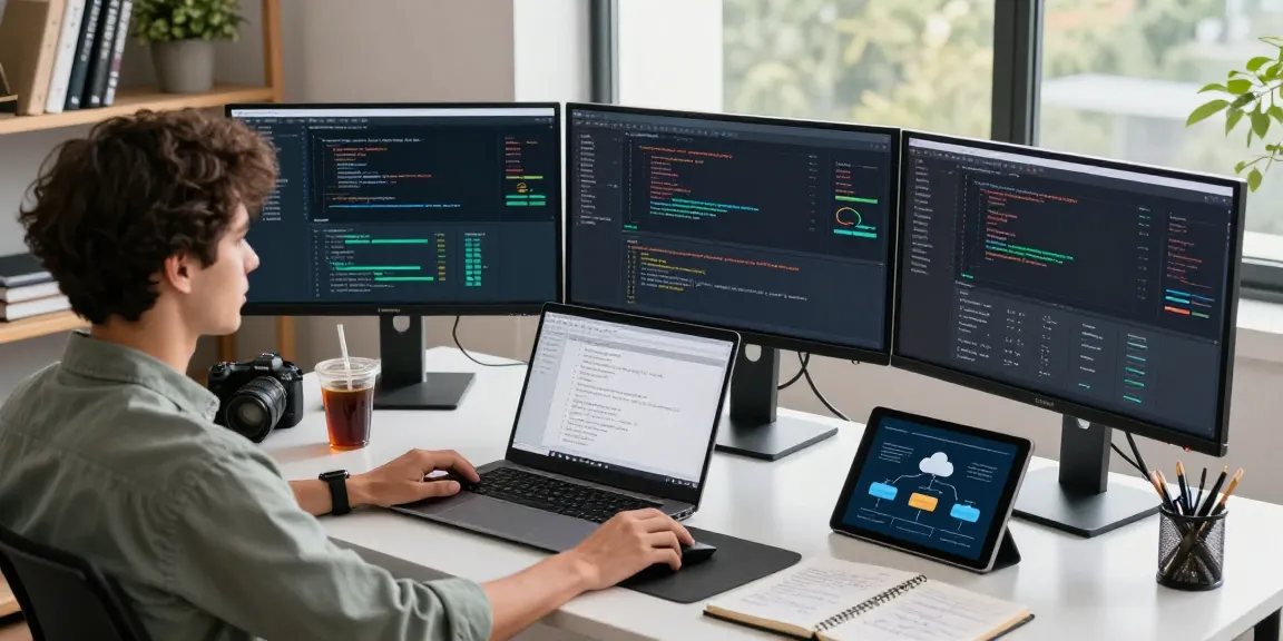 vds kirala management scene with an admin monitoring servers on multiple screens, showcasing a modern tech workspace.