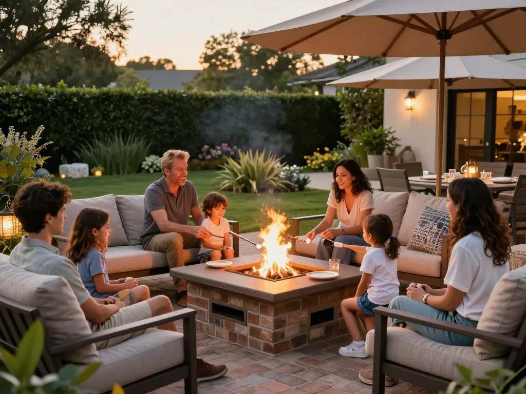 Gathering around a fire pit on elegant brick pavers near me, showcasing a cozy outdoor space.
