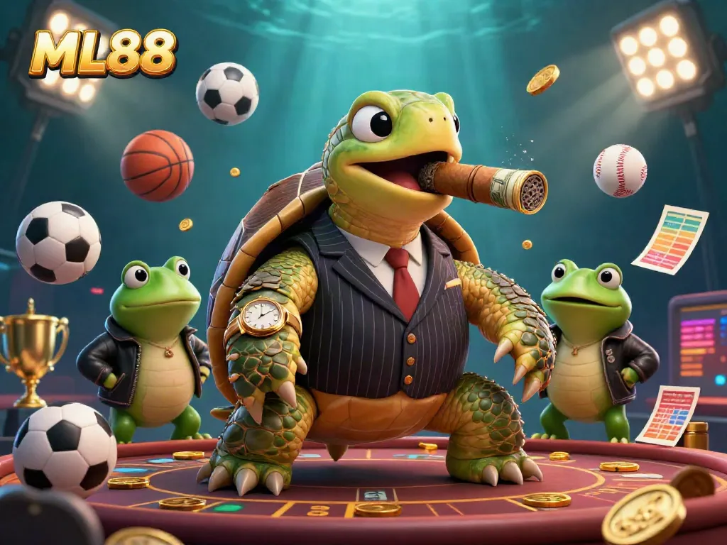 Engage with ML88 in this vibrant 3D casino illustration featuring a snapping turtle and bullfrog enforcers surrounded by dynamic sports elements.
