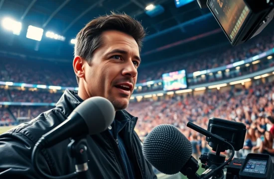 Dynamic sports broadcasting live coverage with a passionate reporter engaging audiences.