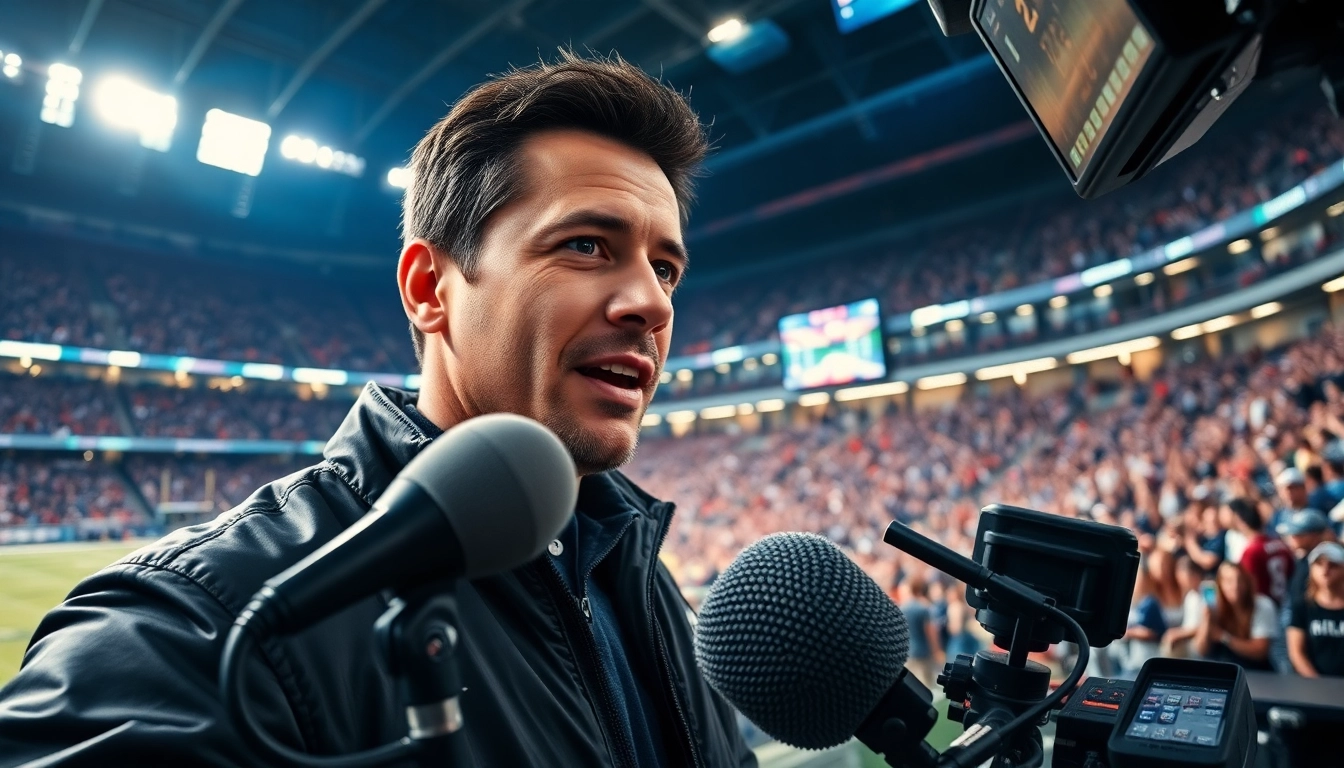 Dynamic sports broadcasting live coverage with a passionate reporter engaging audiences.