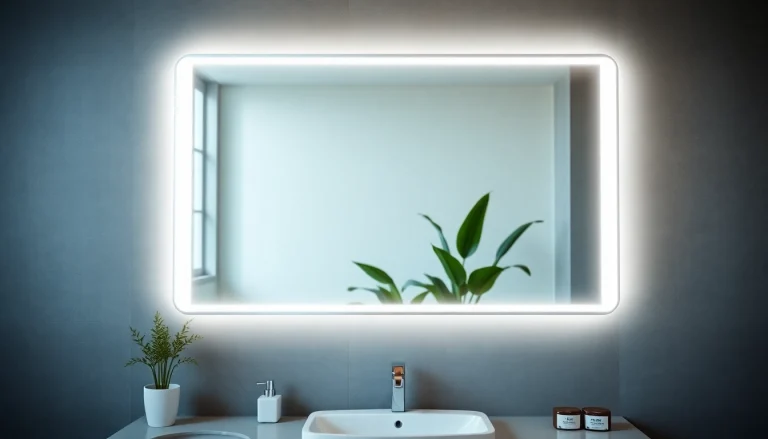 Stylish elegant led mirror enhancing a modern bathroom setting with ambient lighting.