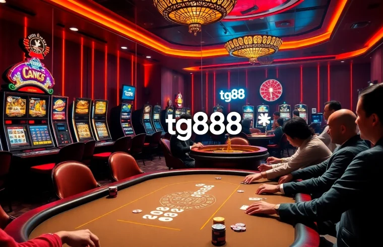 Players engaging in high-stakes poker at the tg88 casino, featuring colorful chips and cards.