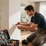 Electrician installing electrical outlets in a modern home, showcasing expert craftsmanship and attention to detail.