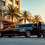 Hollywood Town Car and Limousine offers luxurious rides in LA, featuring a sleek black limousine and professional chauffeur.